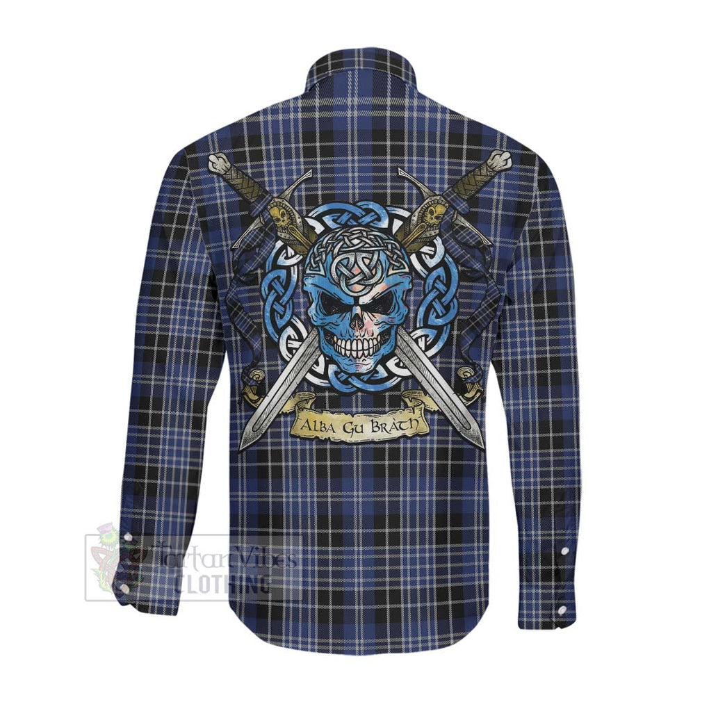 Tartan Vibes Clothing Clark (Clarke) Tartan Long Sleeve Button Shirt with Family Crest Celtic Skull Style