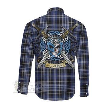 Clark (Clarke) Tartan Long Sleeve Button Shirt with Family Crest Celtic Skull Style