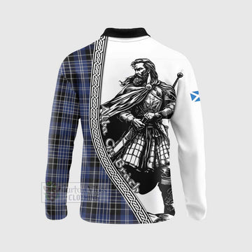 Clark (Clarke) Tartan Clan Crest Long Sleeve Polo Shirt with Highlander Warrior Celtic Style