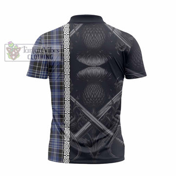 Clark (Clarke) Tartan Zipper Polo Shirt with Family Crest Cross Sword Thistle Celtic Vibes