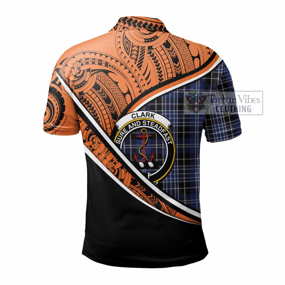 Tartan Vibes Clothing Clark (Clarke) Crest Tartan Polo Shirt with Maori Tattoo Style - Orange Version