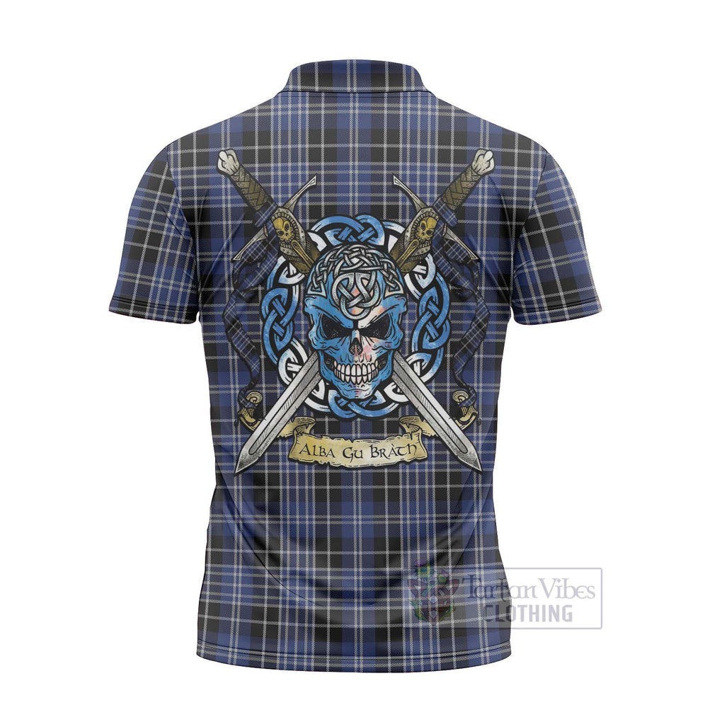 Tartan Vibes Clothing Clark (Clarke) Tartan Zipper Polo Shirt with Family Crest Celtic Skull Style