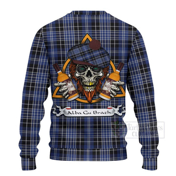 Clark (Clarke) Tartan Ugly Sweater with Family Crest and Bearded Skull Holding Bottles of Whiskey