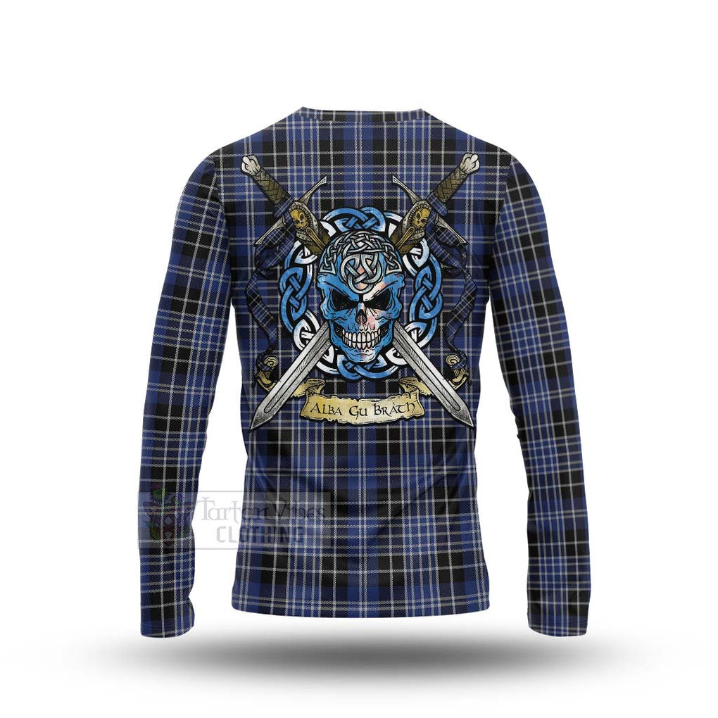 Tartan Vibes Clothing Clark (Clarke) Tartan Long Sleeve T-Shirt with Family Crest Celtic Skull Style