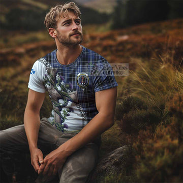 Clark (Clarke) Tartan T-Shirt with Family Crest and St. Andrew's Cross Accented by Thistle Vines