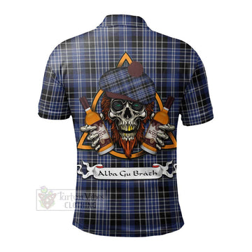 Clark (Clarke) Tartan Polo Shirt with Family Crest and Bearded Skull Holding Bottles of Whiskey