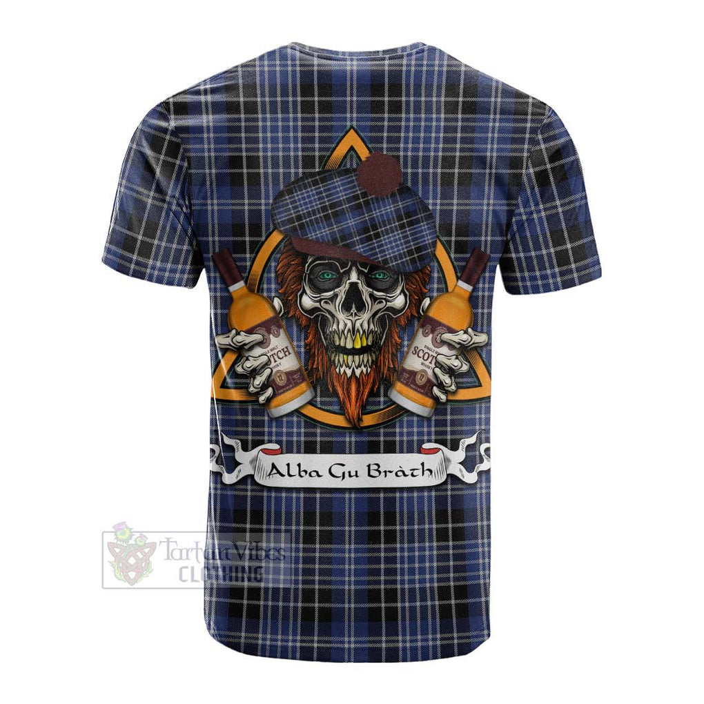 Tartan Vibes Clothing Clark (Clarke) Tartan Cotton T-shirt with Family Crest and Bearded Skull Holding Bottles of Whiskey