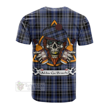 Clark (Clarke) Tartan Cotton T-shirt with Family Crest and Bearded Skull Holding Bottles of Whiskey