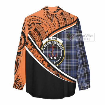 Clark (Clarke) Crest Tartan Women's Casual Shirt with Polynesian Vibes Style - Orange Version