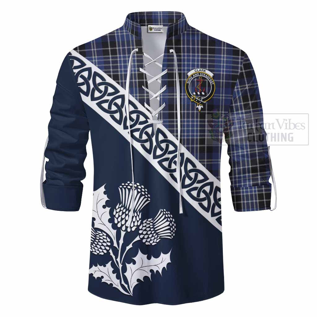 Clark (Clarke) Tartan Ghillie Kilt Shirt Featuring Thistle and Scotland Map - Tartan Vibes Clothing