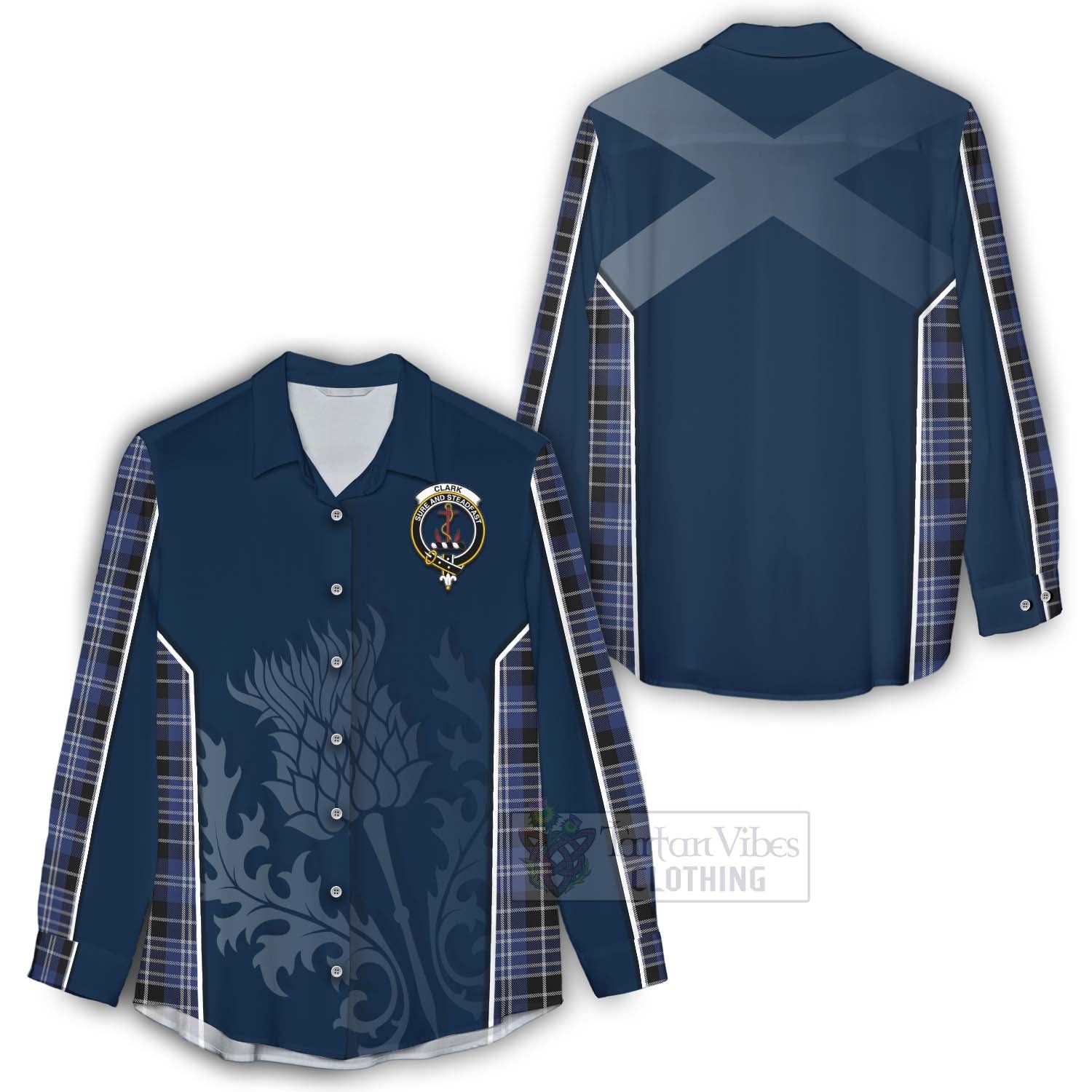 Tartan Vibes Clothing Clark (Clarke) Tartan Women's Casual Shirt with Family Crest and Scottish Thistle Vibes Sport Style