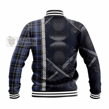 Clark (Clarke) Tartan Baseball Jacket with Family Crest Cross Sword Thistle Celtic Vibes