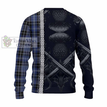 Clark (Clarke) Tartan Knitted Sweater with Family Crest Cross Sword Thistle Celtic Vibes