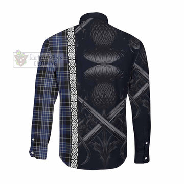 Clark (Clarke) Tartan Long Sleeve Button Shirt with Family Crest Cross Sword Thistle Celtic Vibes