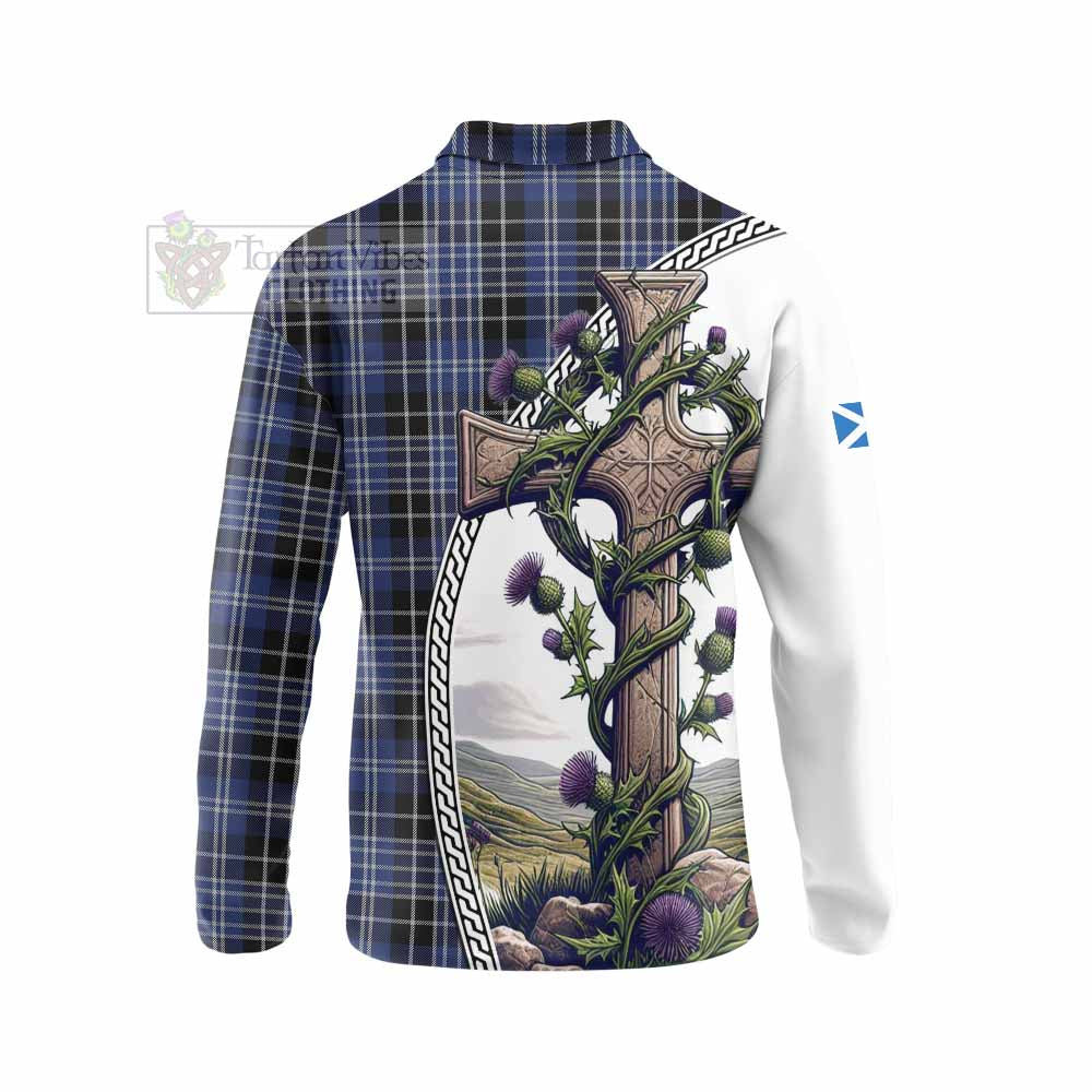 Tartan Vibes Clothing Clark (Clarke) Tartan Long Sleeve Polo Shirt with Family Crest and St. Andrew's Cross Accented by Thistle Vines