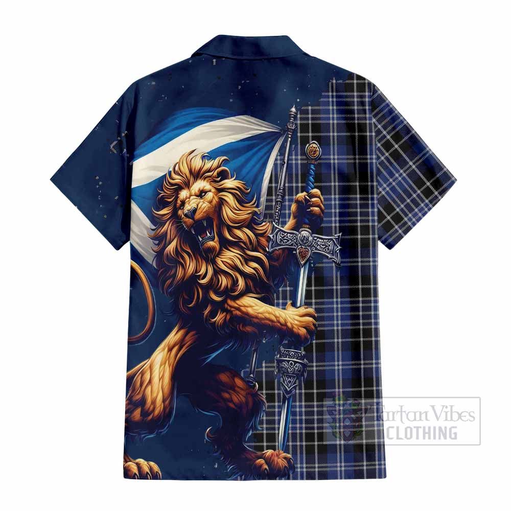 Tartan Vibes Clothing Clark (Clarke) Tartan Family Crest Short Sleeve Button Shirt with Scottish Majestic Lion