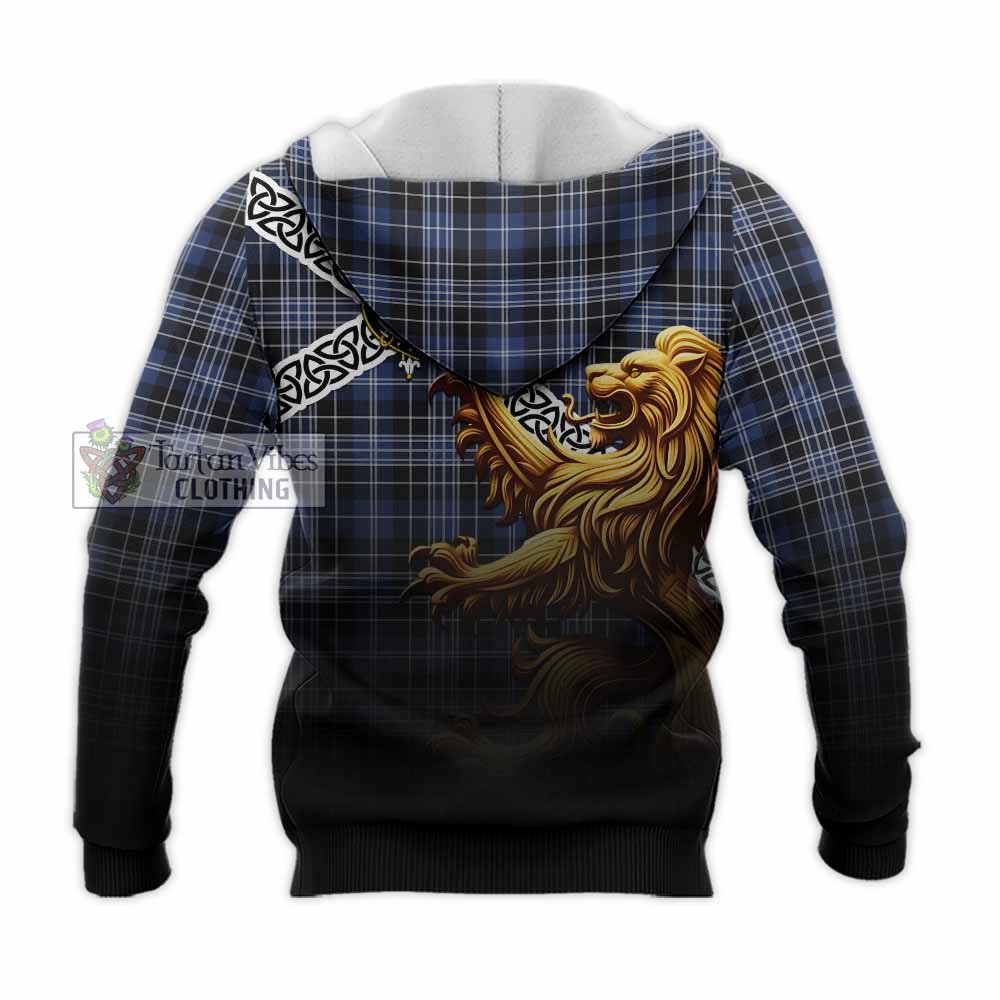 Clark (Clarke) Crest Tartan Knitted Hoodie with Golden Lion Emblem Celtic Style - Tartan Vibes Clothing