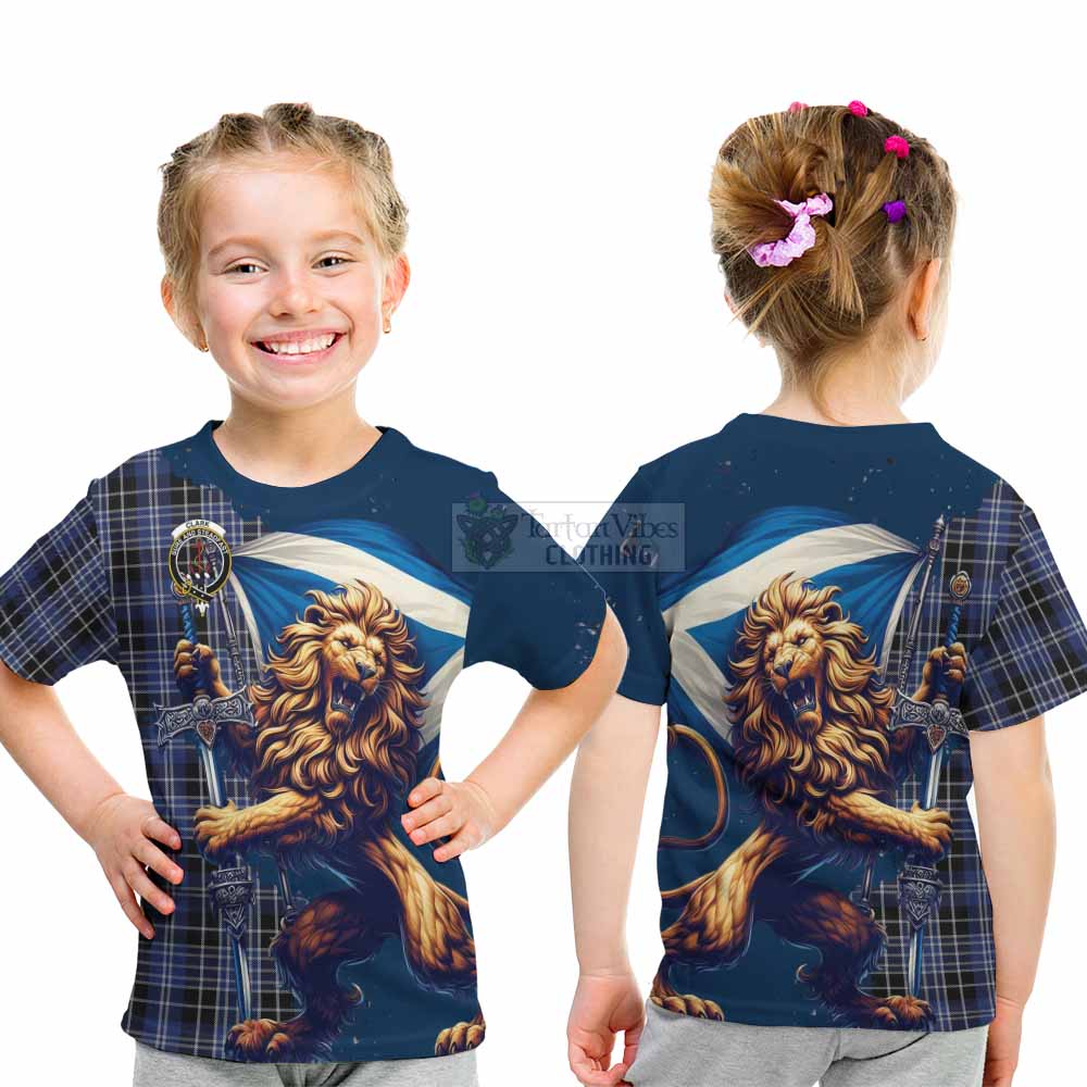 Tartan Vibes Clothing Clark (Clarke) Tartan Family Crest Kid T-Shirt with Scottish Majestic Lion