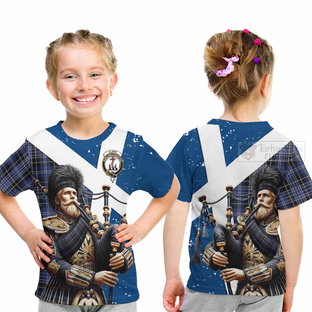 Tartan Vibes Clothing Clark (Clarke) Tartan Kid T-Shirt with Family Crest Scottish Bagpiper Vibes