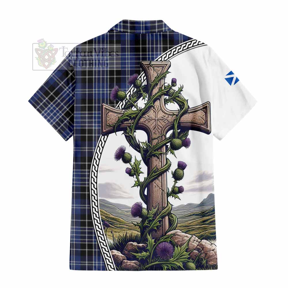 Tartan Vibes Clothing Clark (Clarke) Tartan Short Sleeve Button Shirt with Family Crest and St. Andrew's Cross Accented by Thistle Vines