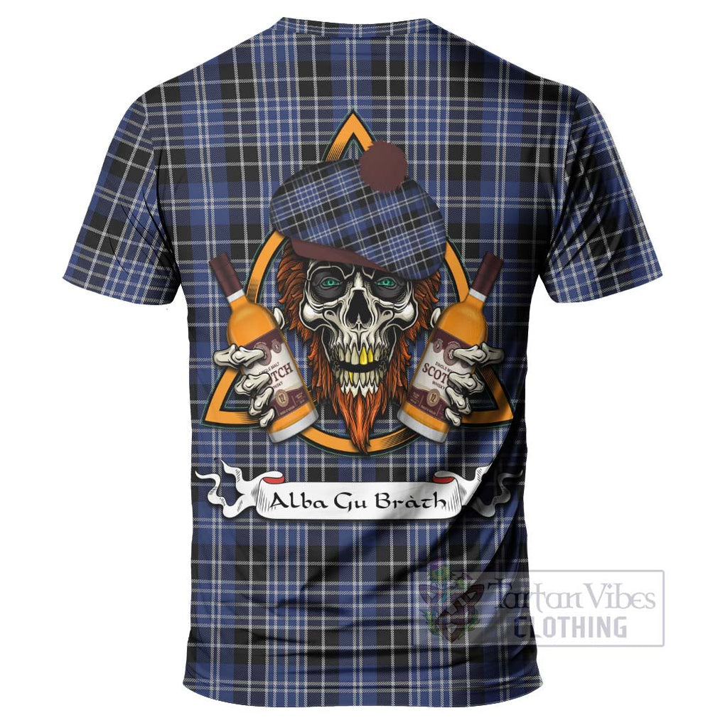 Tartan Vibes Clothing Clark (Clarke) Tartan T-Shirt with Family Crest and Bearded Skull Holding Bottles of Whiskey