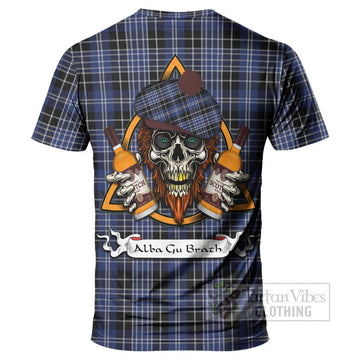 Clark (Clarke) Tartan T-Shirt with Family Crest and Bearded Skull Holding Bottles of Whiskey