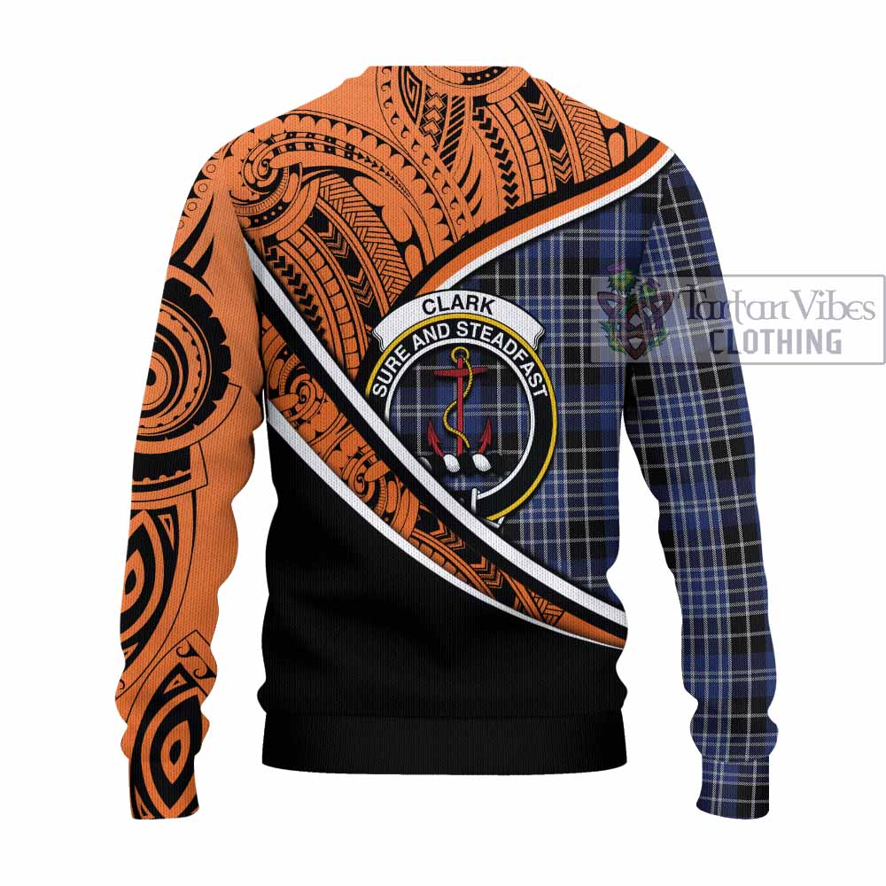 Tartan Vibes Clothing Clark (Clarke) Crest Tartan Knitted Sweater with Maori Tattoo Style - Orange Version