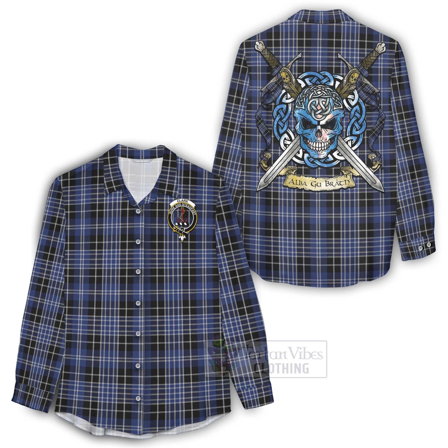 Tartan Vibes Clothing Clark (Clarke) Tartan Women's Casual Shirt with Family Crest Celtic Skull Style