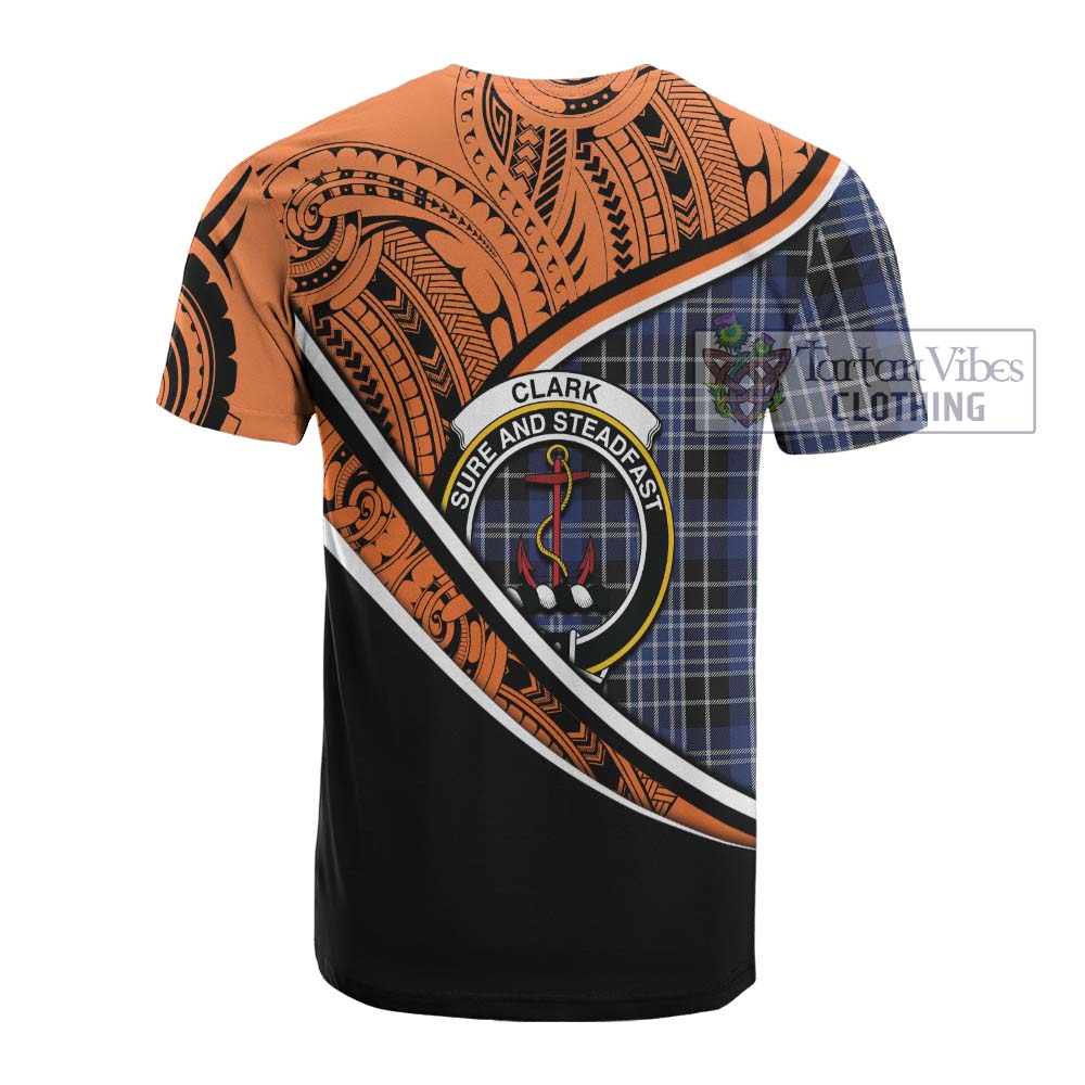 Tartan Vibes Clothing Clark (Clarke) Crest Tartan Cotton T-shirt with Maori Tattoo Style - Orange Version