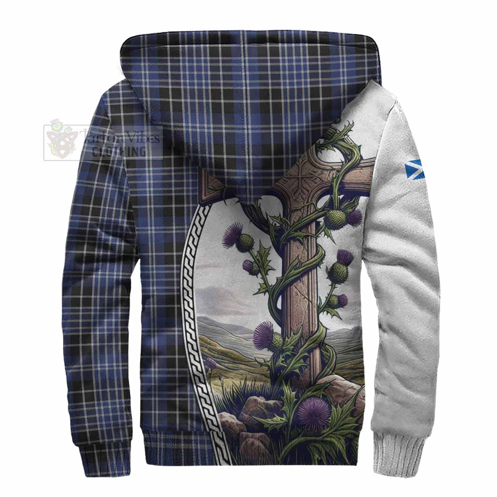 Tartan Vibes Clothing Clark (Clarke) Tartan Sherpa Hoodie with Family Crest and St. Andrew's Cross Accented by Thistle Vines