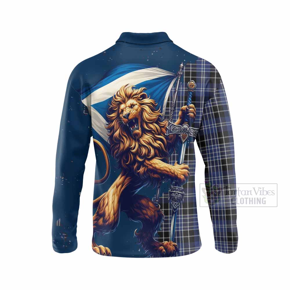 Tartan Vibes Clothing Clark (Clarke) Tartan Family Crest Long Sleeve Polo Shirt with Scottish Majestic Lion