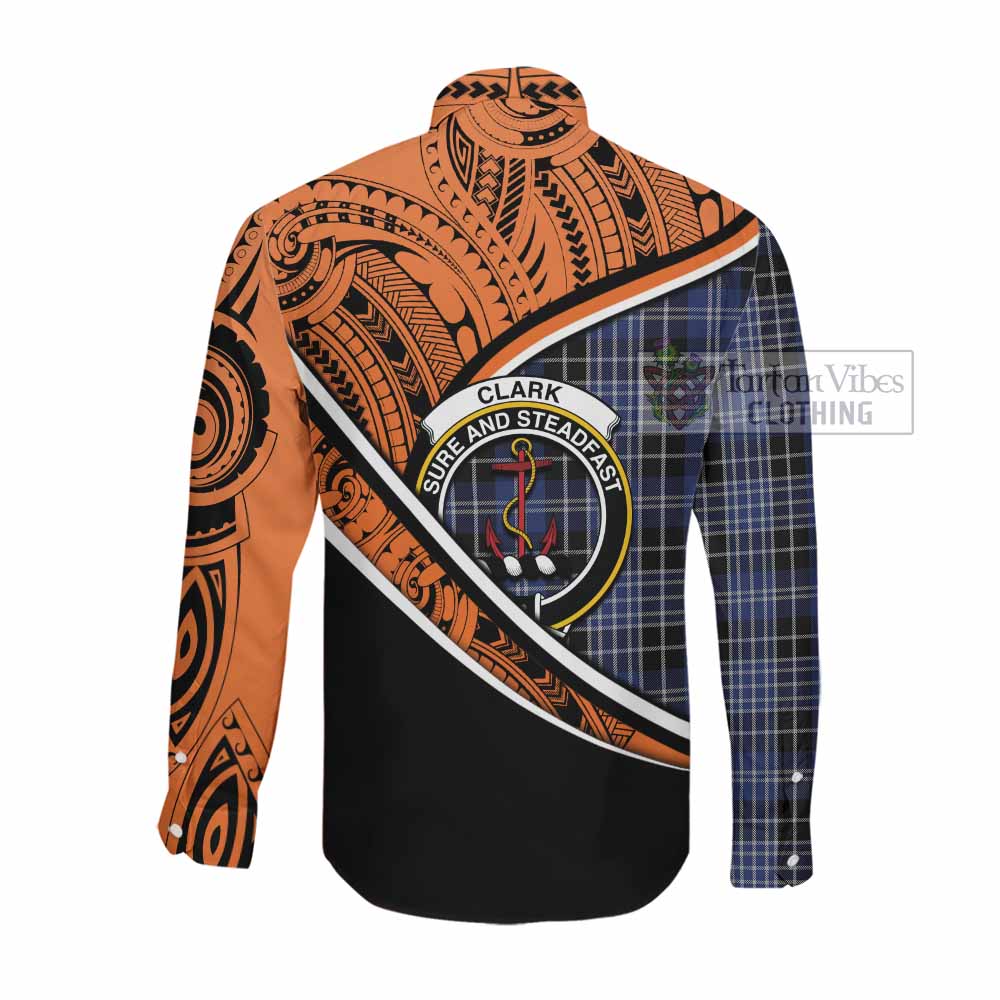 Tartan Vibes Clothing Clark (Clarke) Crest Tartan Long Sleeve Button Shirt with Maori Tattoo Style - Orange Version