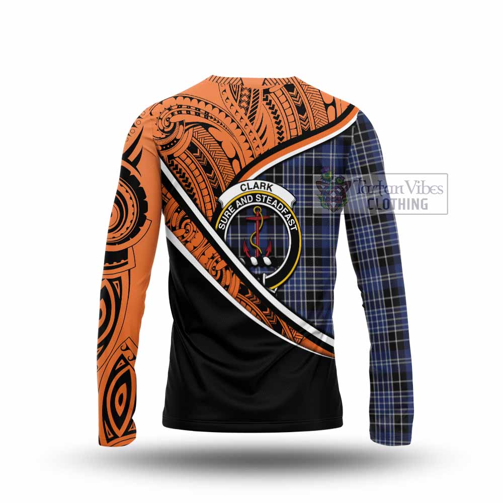 Tartan Vibes Clothing Clark (Clarke) Crest Tartan Long Sleeve T-Shirt with Maori Tattoo Style - Orange Version