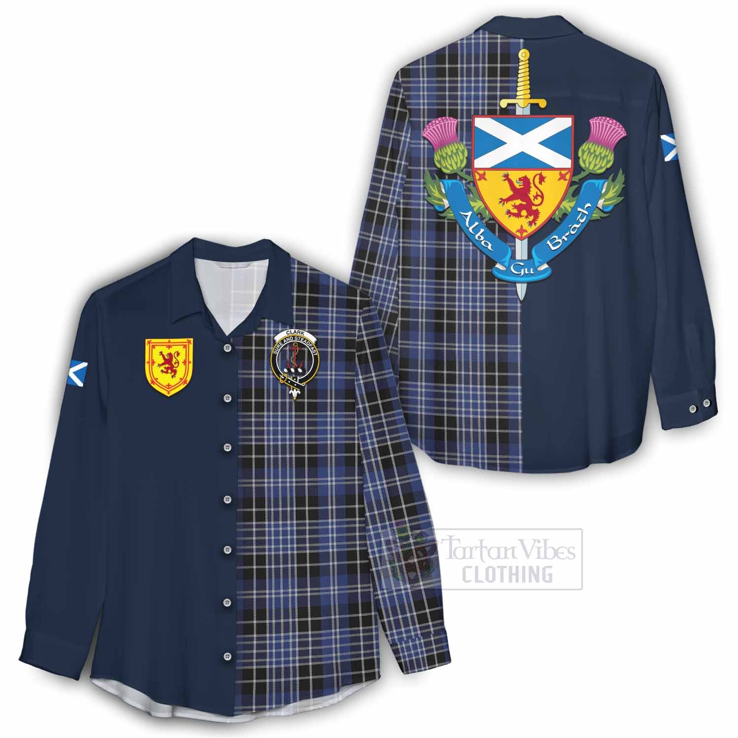 Tartan Vibes Clothing Clark (Clarke) Tartan Women's Casual Shirt Alba with Scottish Lion Royal Arm Half Style