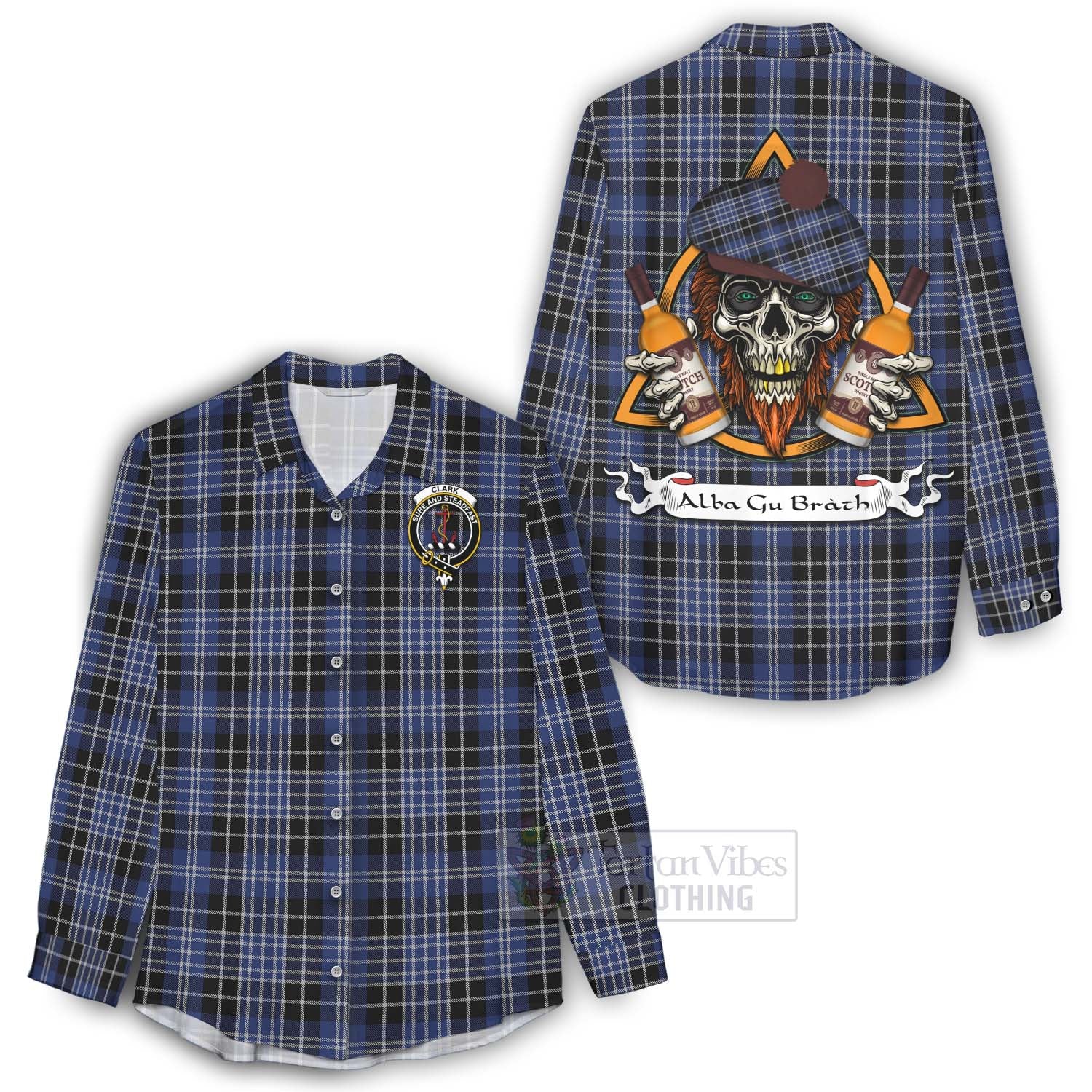 Tartan Vibes Clothing Clark (Clarke) Tartan Women's Casual Shirt with Family Crest and Bearded Skull Holding Bottles of Whiskey