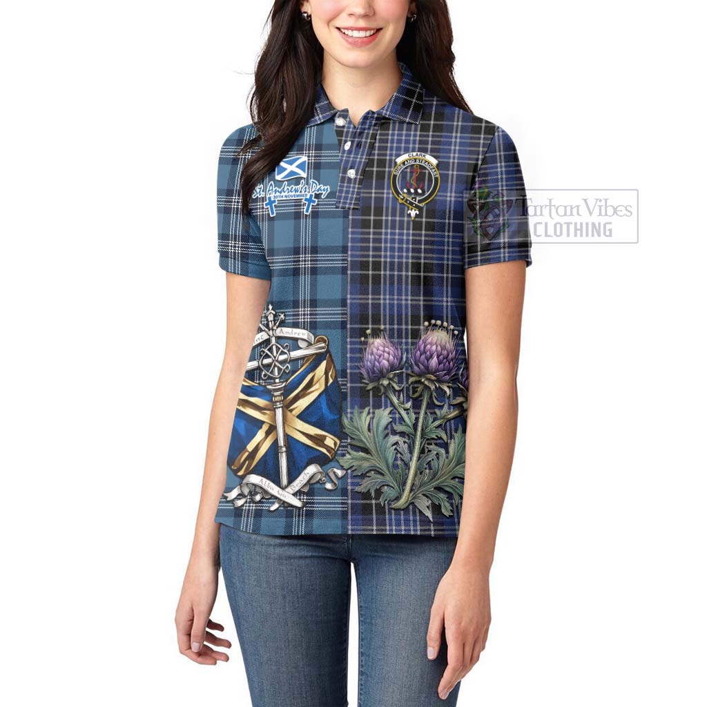 Tartan Vibes Clothing Clark (Clarke) Tartan Women's Polo Shirt Happy St. Andrew's Day Half Tartan Style