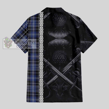 Clark (Clarke) Tartan Short Sleeve Button Shirt with Family Crest Cross Sword Thistle Celtic Vibes