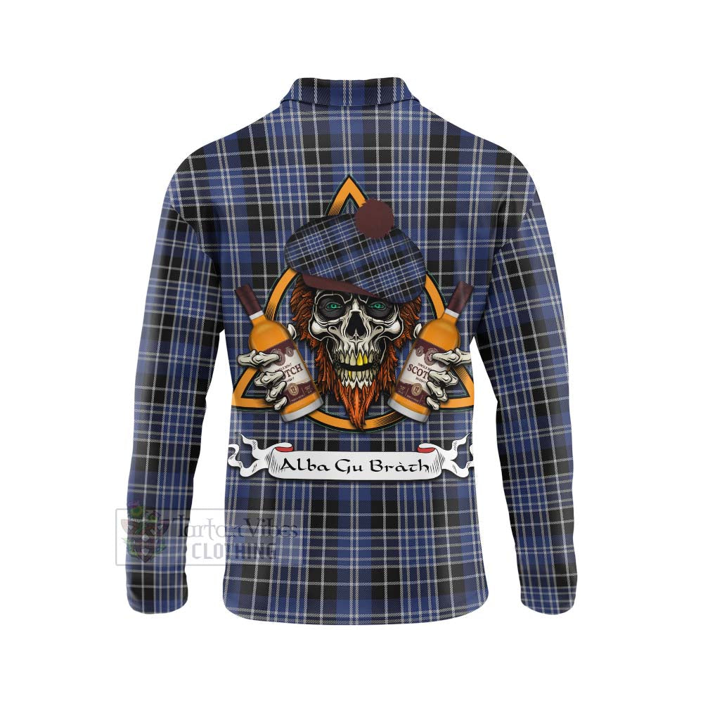 Tartan Vibes Clothing Clark (Clarke) Tartan Long Sleeve Polo Shirt with Family Crest and Bearded Skull Holding Bottles of Whiskey