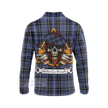 Clark (Clarke) Tartan Long Sleeve Polo Shirt with Family Crest and Bearded Skull Holding Bottles of Whiskey