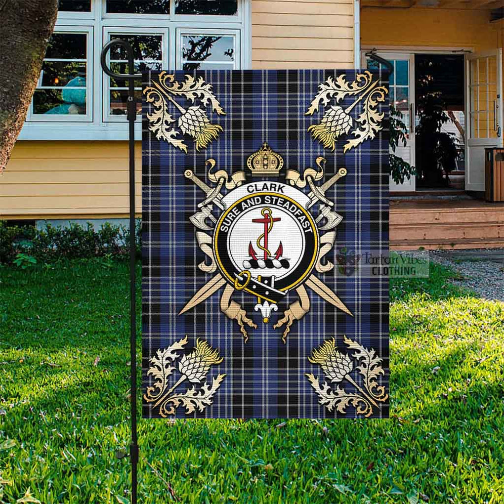 Tartan Vibes Clothing Clark (Clarke) Tartan Flag with Family Crest and Golden Thistle Crossed Sword Design