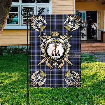 Clark (Clarke) Tartan Flag with Family Crest and Golden Thistle Crossed Sword Design