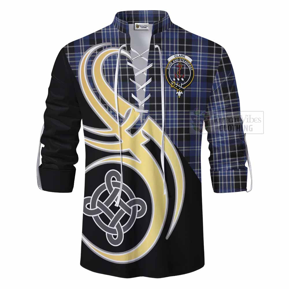 Tartan Vibes Clothing Clark (Clarke) Tartan Ghillie Kilt Shirt with Family Crest and Celtic Symbol Style