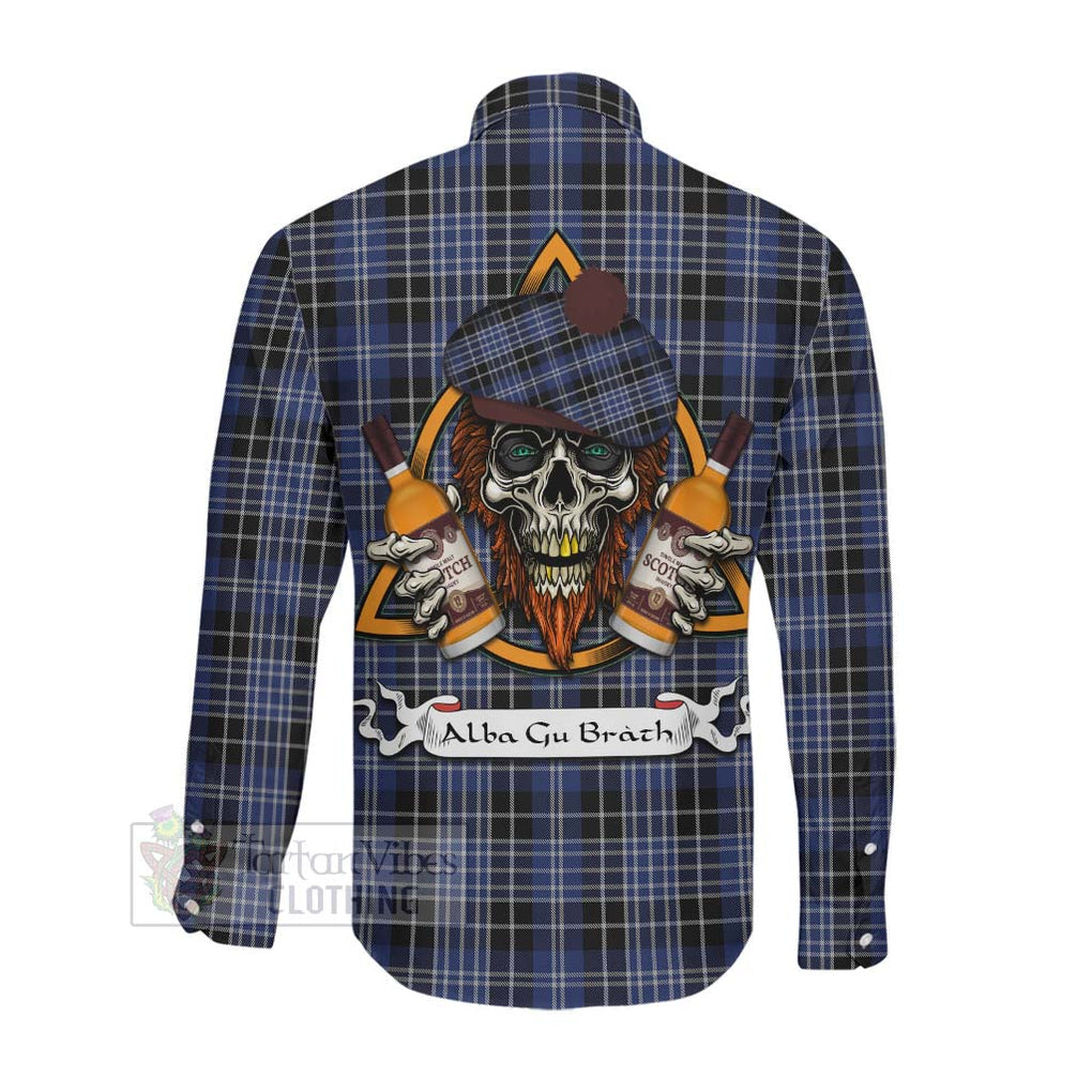 Tartan Vibes Clothing Clark (Clarke) Tartan Long Sleeve Button Shirt with Family Crest and Bearded Skull Holding Bottles of Whiskey