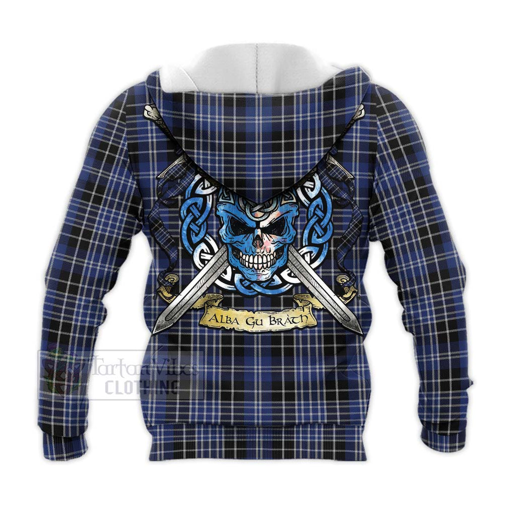 Tartan Vibes Clothing Clark (Clarke) Tartan Knitted Hoodie with Family Crest Celtic Skull Style