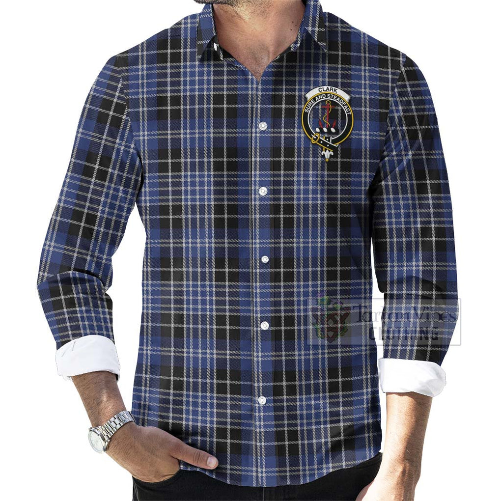 Tartan Vibes Clothing Clark (Clarke) Tartan Long Sleeve Button Shirt with Family Crest Celtic Skull Style