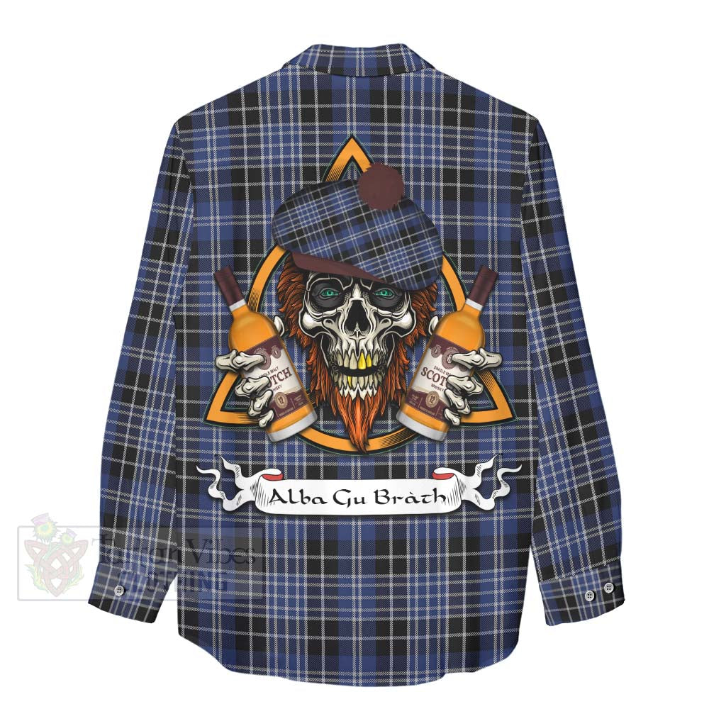 Tartan Vibes Clothing Clark (Clarke) Tartan Women's Casual Shirt with Family Crest and Bearded Skull Holding Bottles of Whiskey