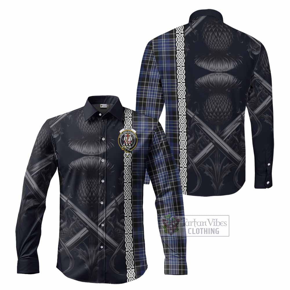 Tartan Vibes Clothing Clark (Clarke) Tartan Long Sleeve Button Shirt with Family Crest Cross Sword Thistle Celtic Vibes