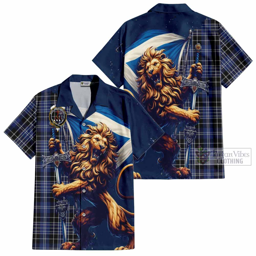 Tartan Vibes Clothing Clark (Clarke) Tartan Family Crest Short Sleeve Button Shirt with Scottish Majestic Lion