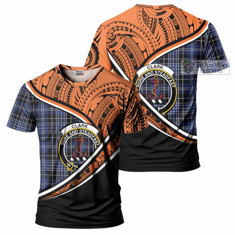 Tartan Vibes Clothing Clark (Clarke) Crest Tartan T-Shirt with Maori Tattoo Style - Orange Version