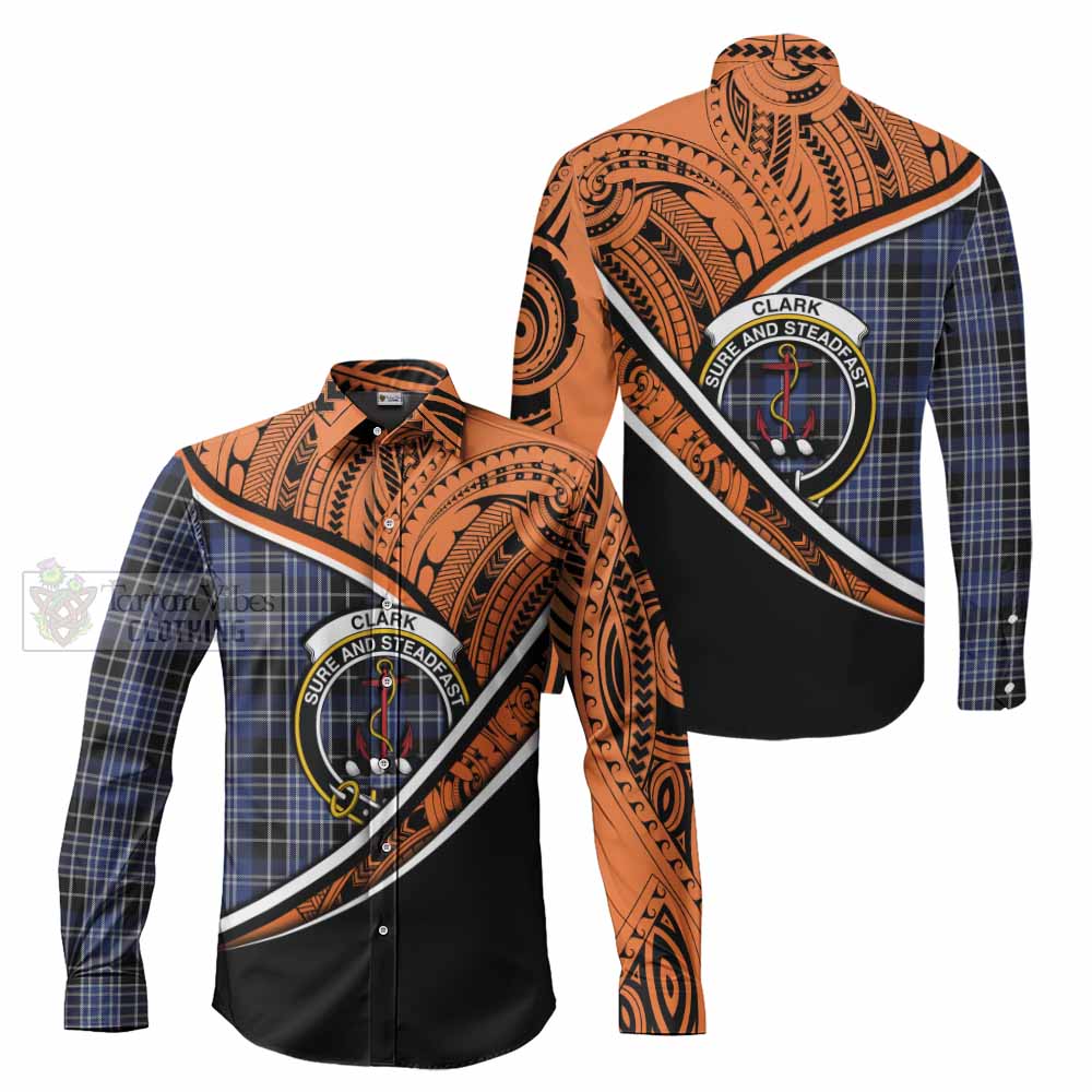 Tartan Vibes Clothing Clark (Clarke) Crest Tartan Long Sleeve Button Shirt with Maori Tattoo Style - Orange Version